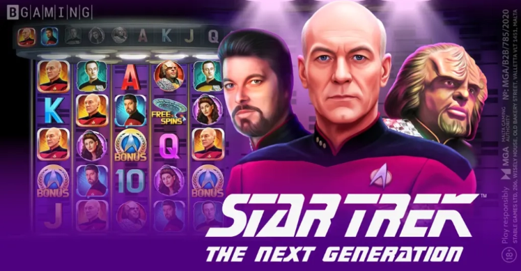 Промо-иллюстрация слота Star Trek™ The Next Generation от BGaming — космический фон, персонажи сериала Enterprise и логотип игры.