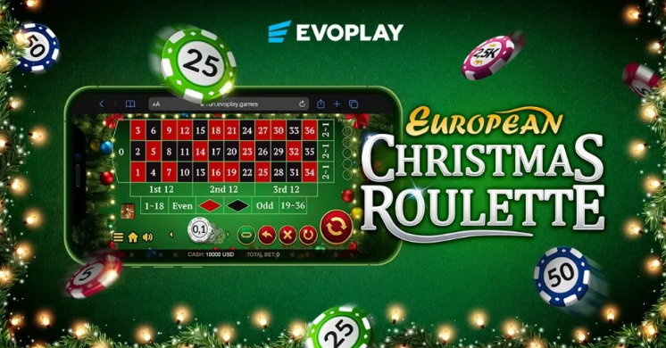 Промо-иллюстрация слота European Christmas Roulette от Evoplay — рождественский казино-фон, гирлянды, мягкое освещение и логотип игры.
