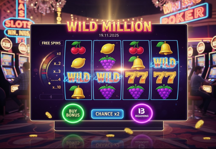 Слот Wild Million от BGaming — яркий неоновый Las Vegas-стиль, фрукты, колокольчики, классические символы и мерцающие огни казино.