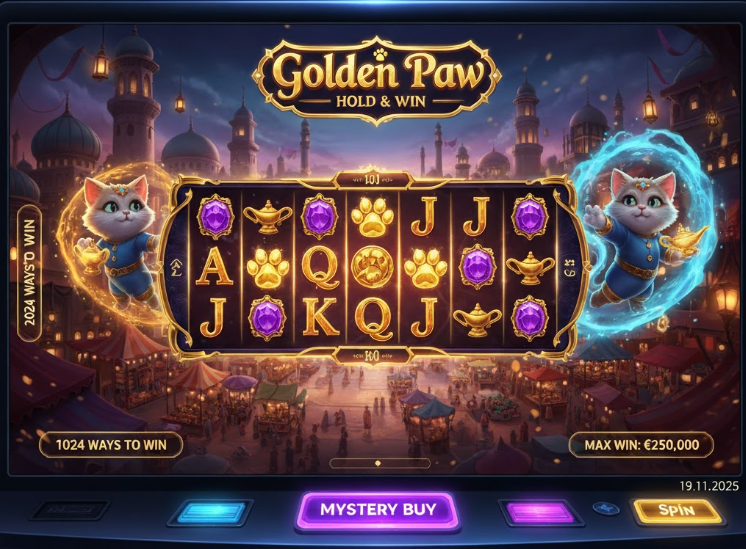 Кіт-джинн у слоті Golden Paw Hold & Win від BGaming серед ламп і дорогоцінних каменів