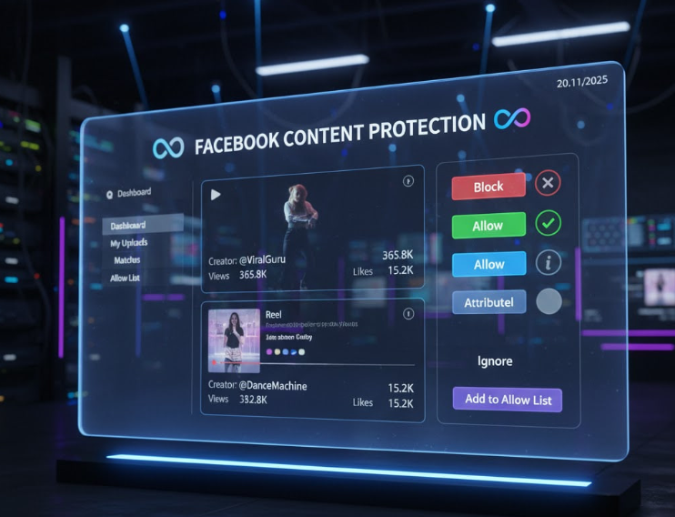  Иллюстрация защиты видео Reels на Facebook с помощью Facebook Content Protection, автор контролирует копии и статистику роликов