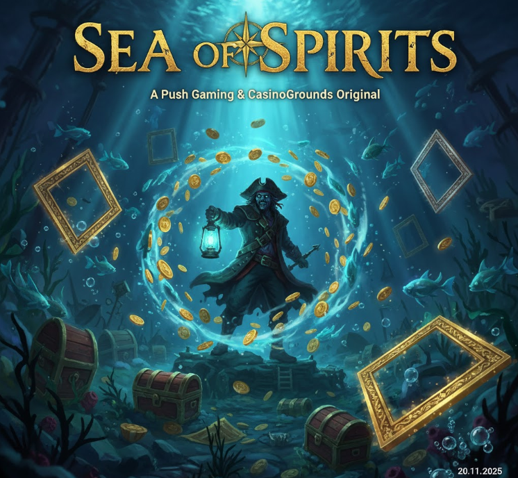 Иллюстрация слота Sea of Spirits от Push Gaming и CasinoGrounds — подводный мир с призрачными капитанами, сундуками с сокровищами и бонусными элементами