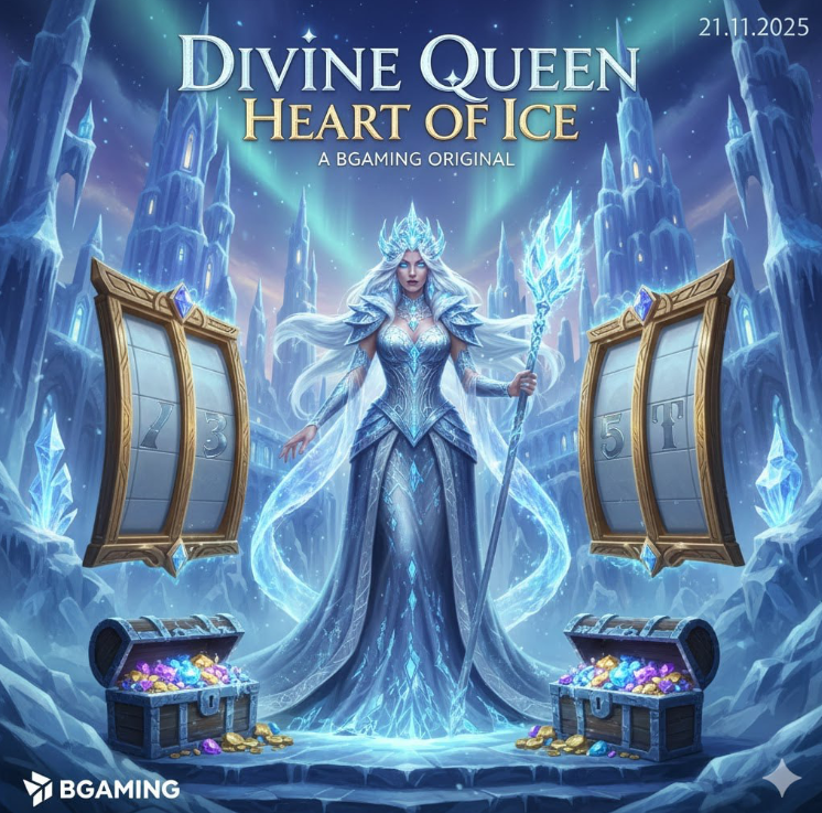 Промо-арт слота Divine Queen: Heart of Ice от BGaming с Ледяной Королевой и снежным волшебством