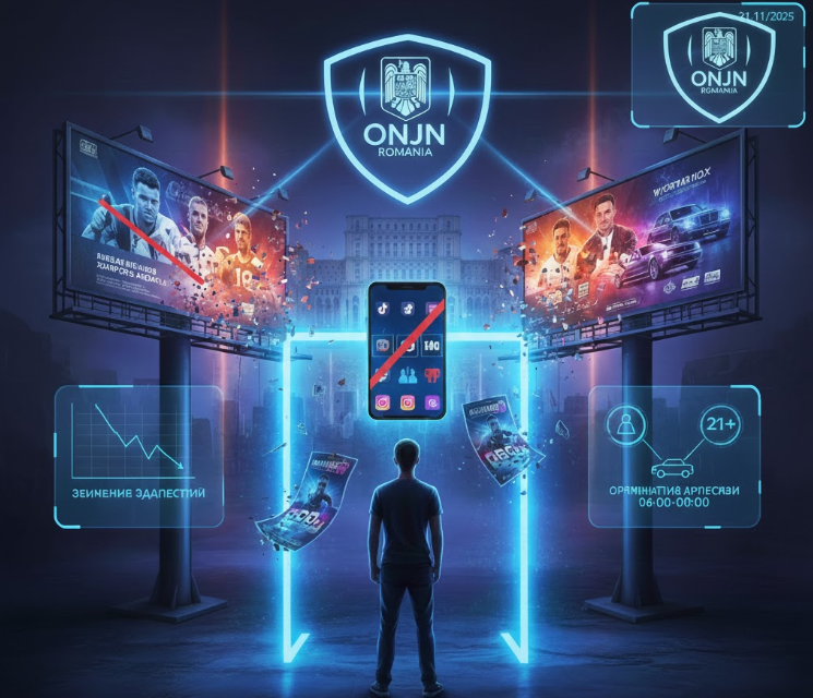 Изображение иллюстрирует новые жёсткие правила для азартных игр в Румынии: повышение возраста, ограничения рекламы и усиление контроля.