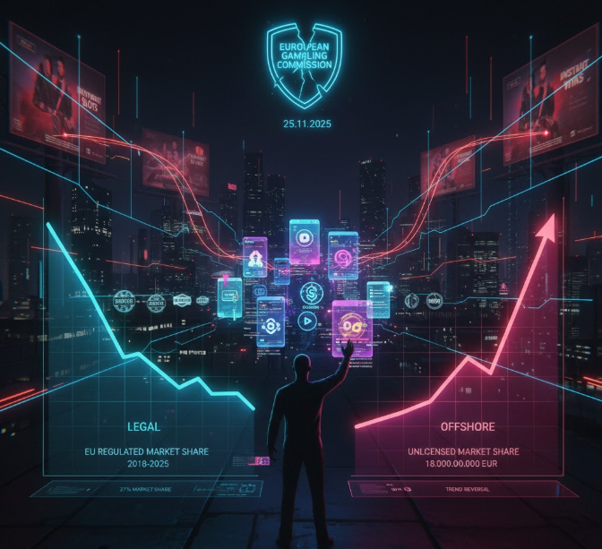Графика: рост доли офшорного онлайн-гемблинга в Европе, сравнение легального и нелегального сегментов
