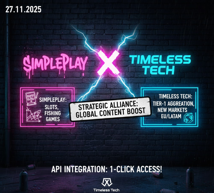  Логотип SimplePlay и Timeless Tech на фоне iGaming-платформы, иллюстрирующий новое стратегическое партнёрство