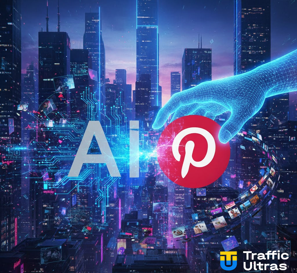 Логотип OpenAI и Pinterest на фоне цифрового контента и иконок социальных сетей