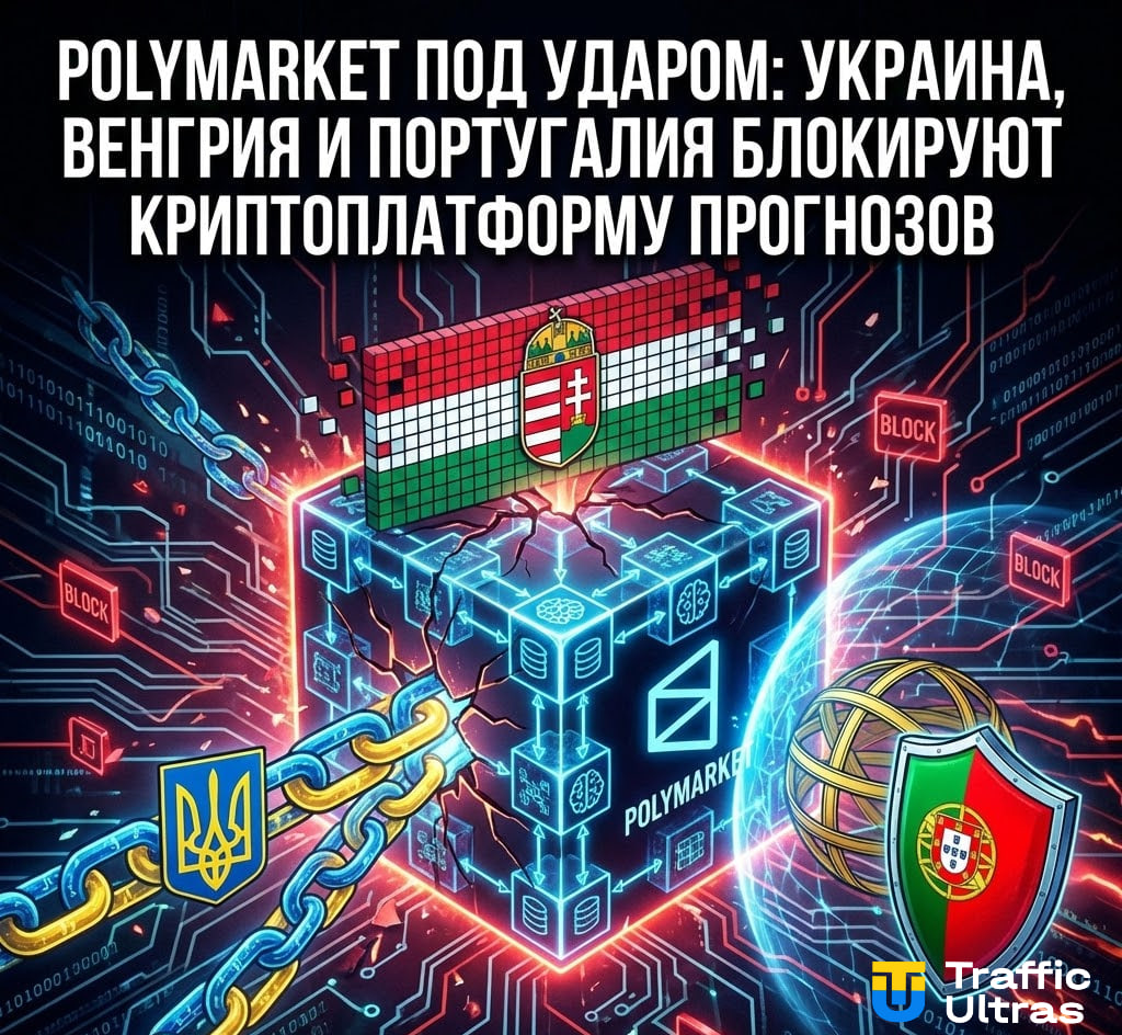 Логотип Polymarket на фоне карты Европы с отметками Украины, Венгрии и Португалии