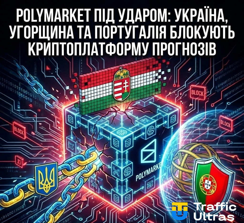 Логотип Polymarket на тлі карти Європи з відмітками України, Угорщини та Португалії