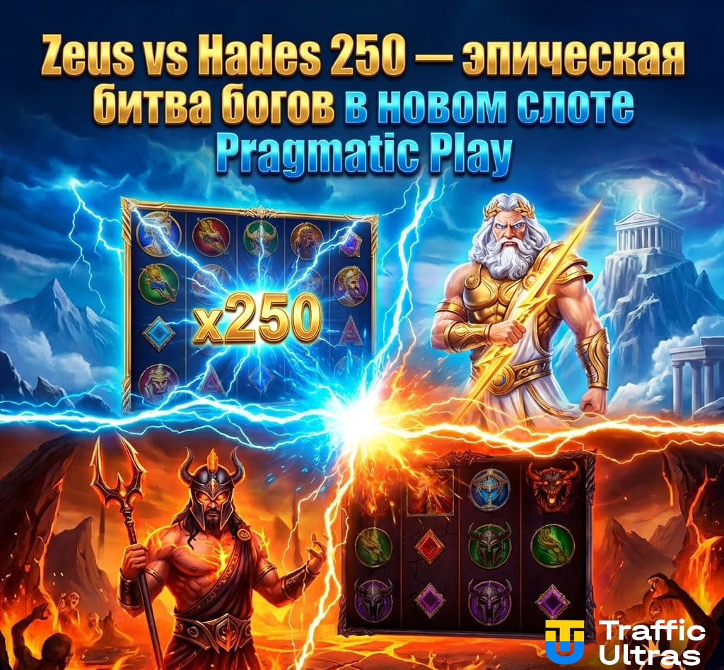 Логотип слота Zeus vs Hades 250 с изображением Зевса и Аида, эпическая битва богов