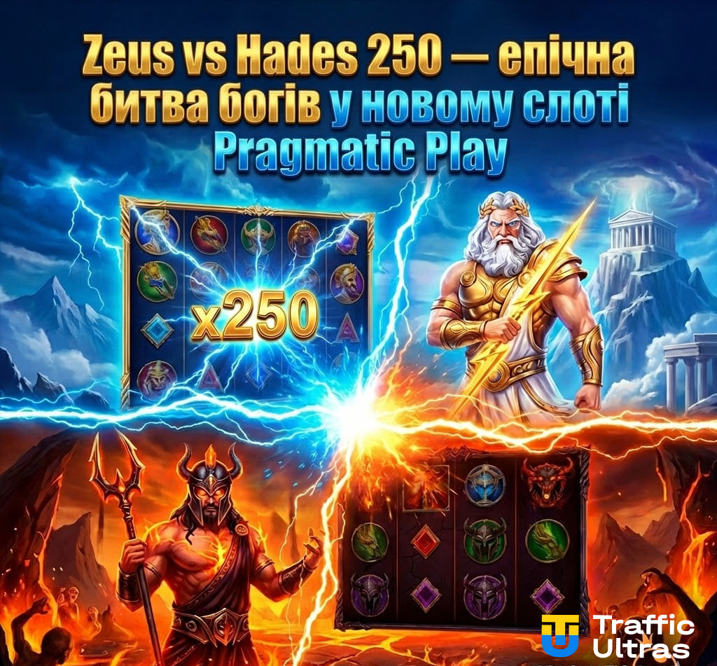 Логотип слота Zeus vs Hades 250 із зображенням Зевса та Аїда, епічна битва богів