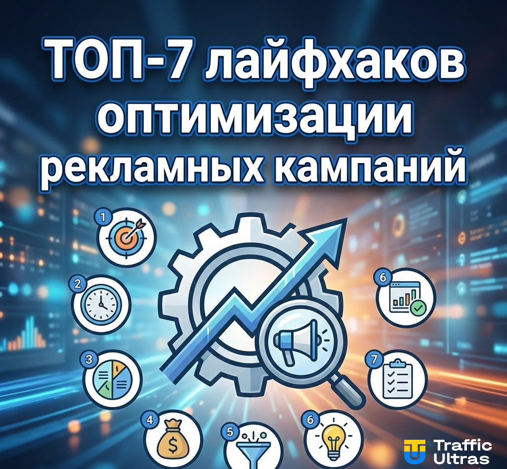 Инфографика с ТОП-7 лайфхаками оптимизации рекламных кампаний в арбитраже трафика креативы, аудитории, бюджет и масштабирование.