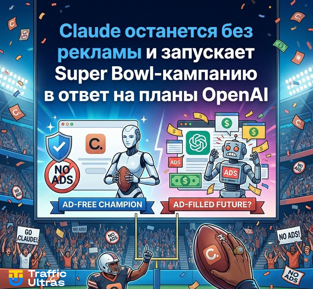 Рекламный баннер Claude на Super Bowl 60, подчеркивающий отсутствие рекламы в AI‑ассистенте