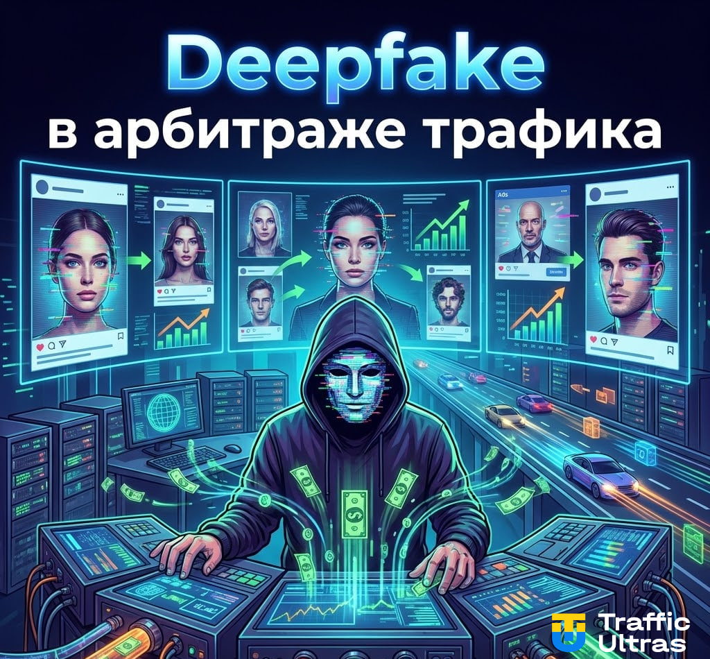 Иллюстрация применения deepfake в арбитраже трафика: синтетический персонаж для рекламы беттинга и нутра.