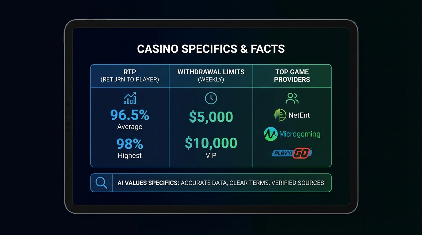 Таблиця з ключовими даними казино: RTP, ліміти виведення, провайдери