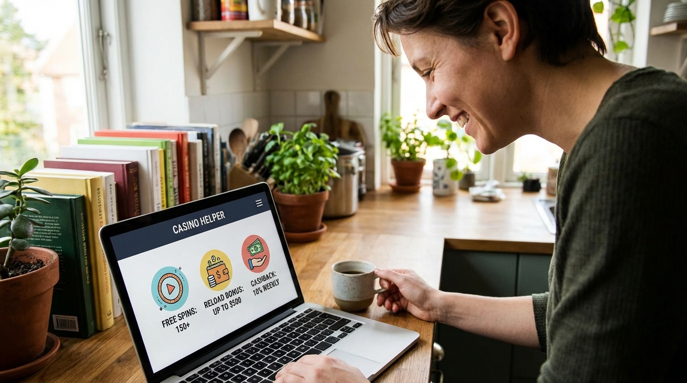 Гравець вивчає огляд казино на ноутбуці: фріспіни, релоад-бонуси, кешбек