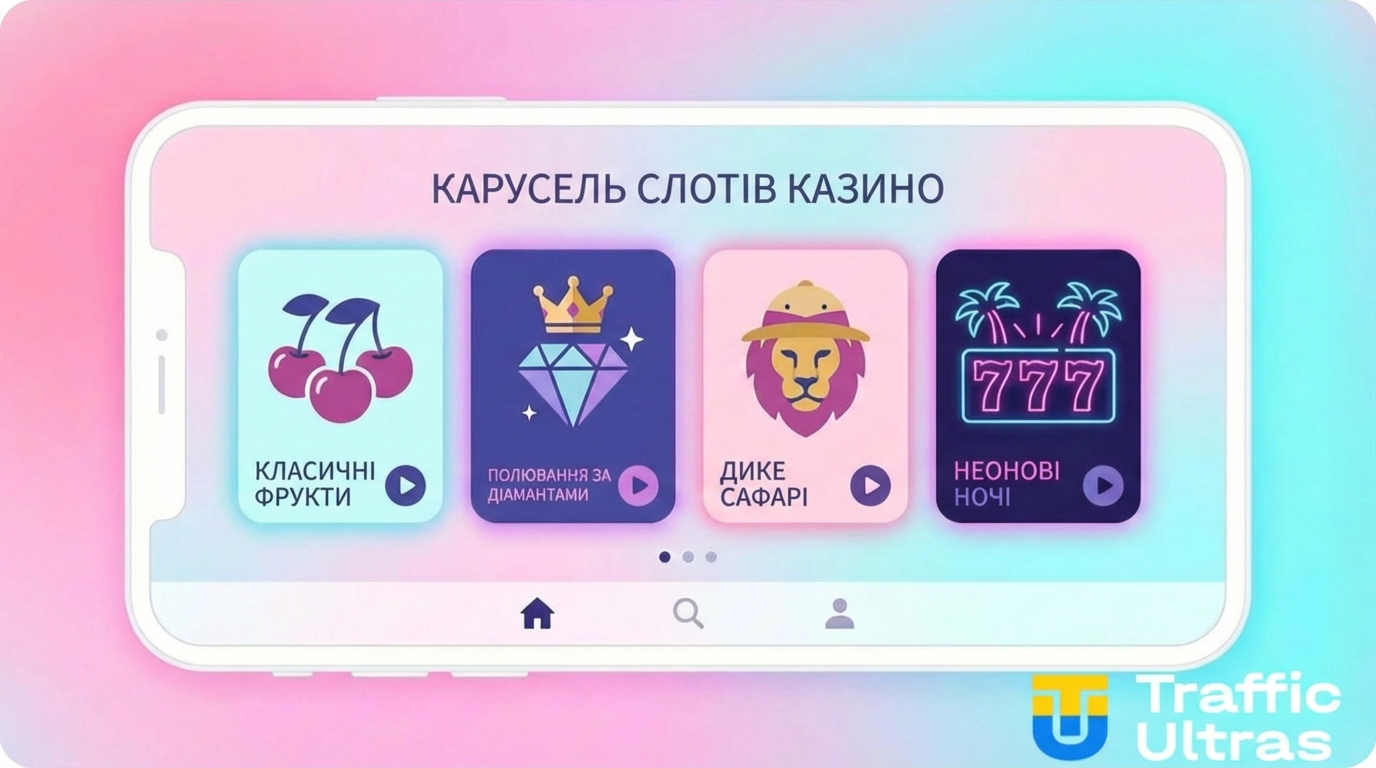Схема рекламного формату TikTok Streaming Ads з каруселлю офферів для гемблінгу.