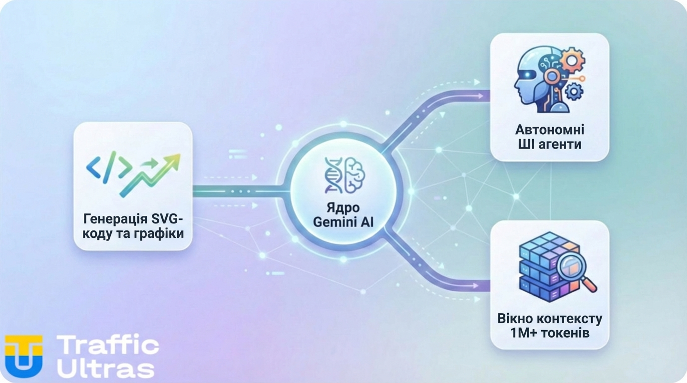 Схема ключових можливостей Gemini 3.1 Pro для арбітражу: генерація SVG-графіки з коду, ШІ-агенти для автоматизації та величезне контекстне вікно для аналізу даних.