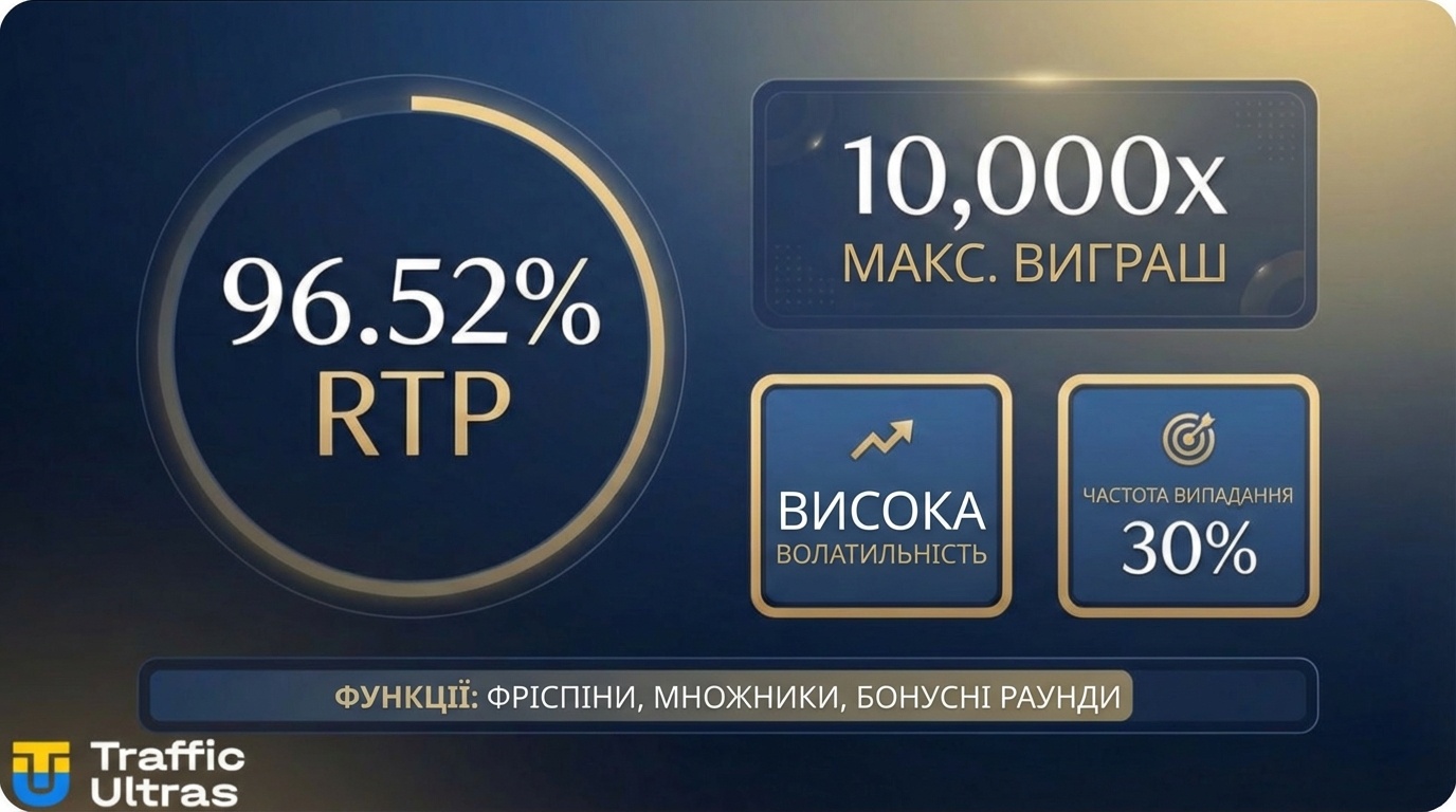 Інфографіка характеристик слота Treasures of Osiris: RTP 96.52%, Max Win 10,000x, висока волатильність.