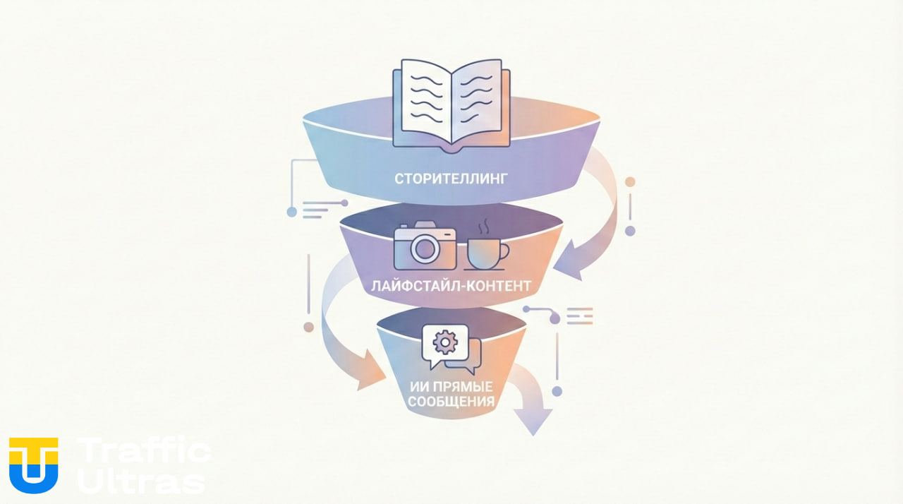Схема воронки продаж в Instagram через ШИ-инфлюенсера: сторителлинг, прогрев в сторис и автопродажи.