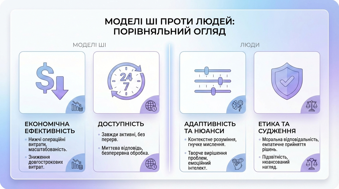 Інфографіка переваг ШІ-моделей для арбітражу: низька вартість, робота 24/7 та повний контроль. 