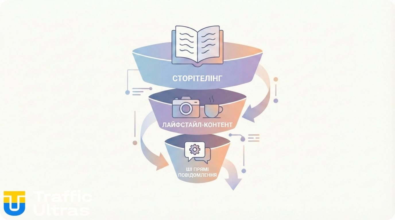 Схема воронки продажів в Instagram через ШІ-інфлюенсера: сторітелінг, прогрів у сторіз та автопродажі.