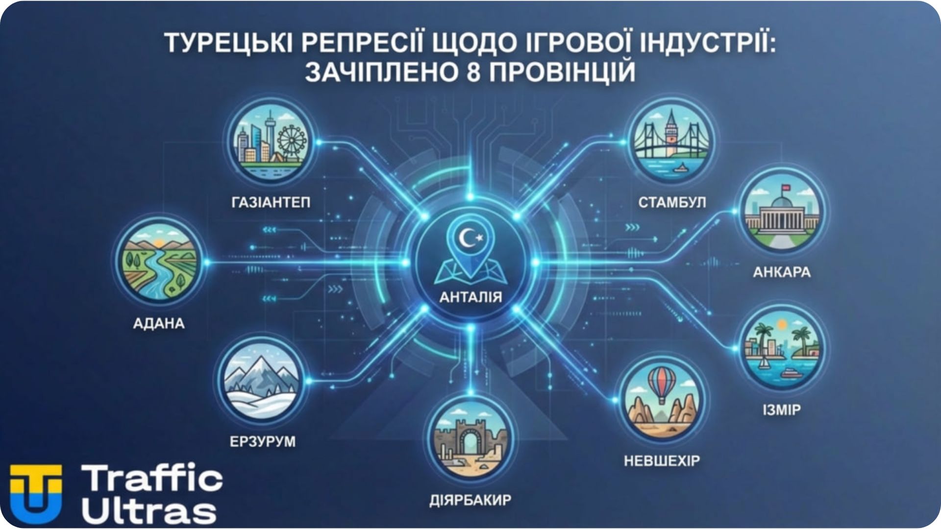 Карта спецоперації у 8 провінціях Туреччини проти грального синдикату.