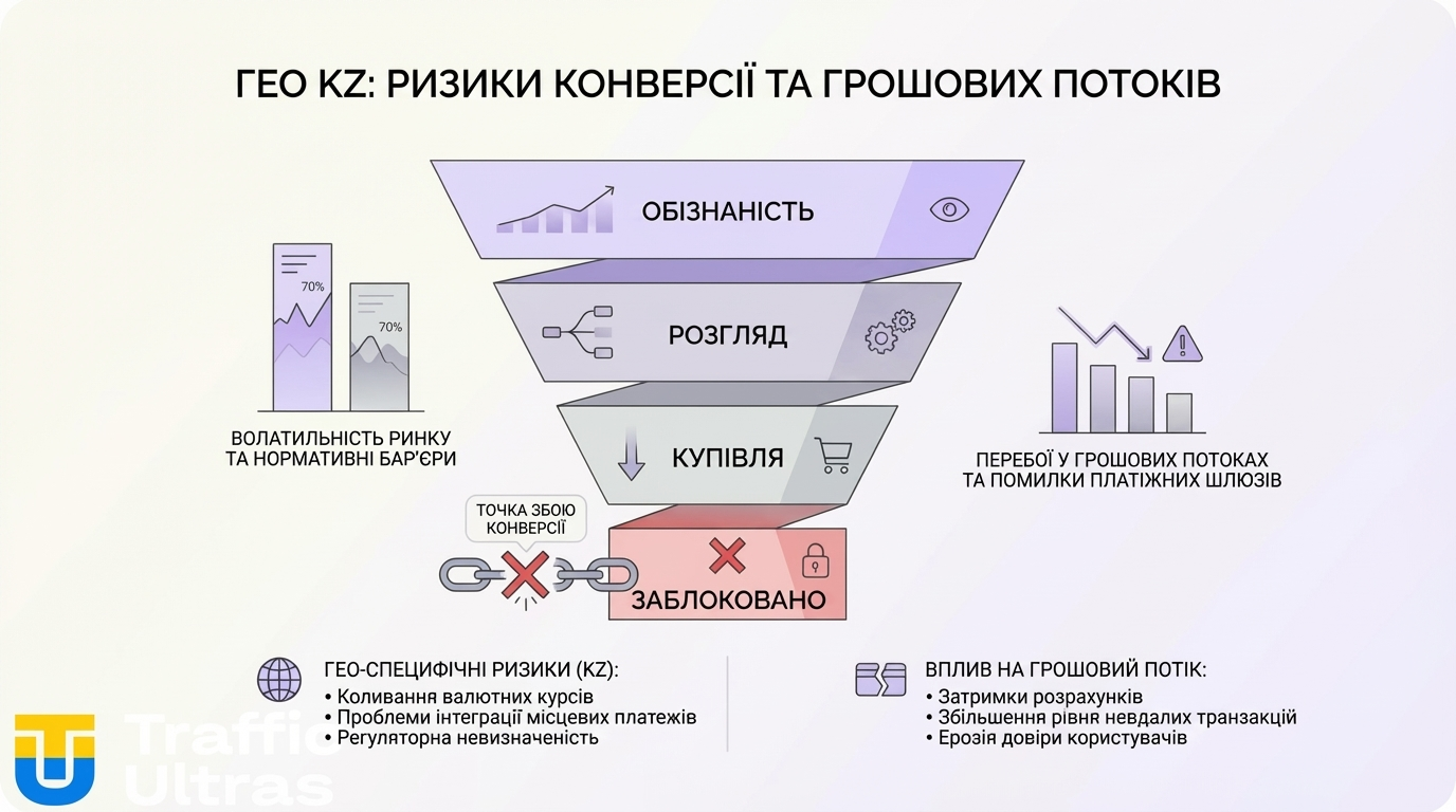 Графік падіння конверсії через блокування платежів у ГЕО Казахстан.