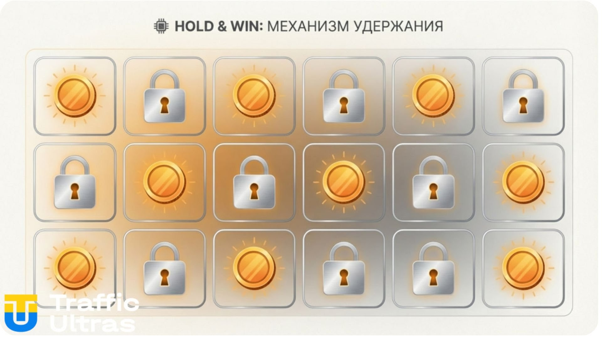 Візуалізація механіки Hold & Win у слоті Chicken Coin.