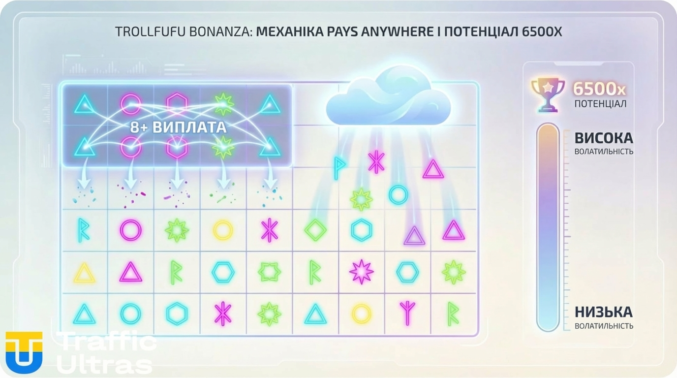 Інфографіка механіки Pays Anywhere у слоті Trollfufu Bonanza.