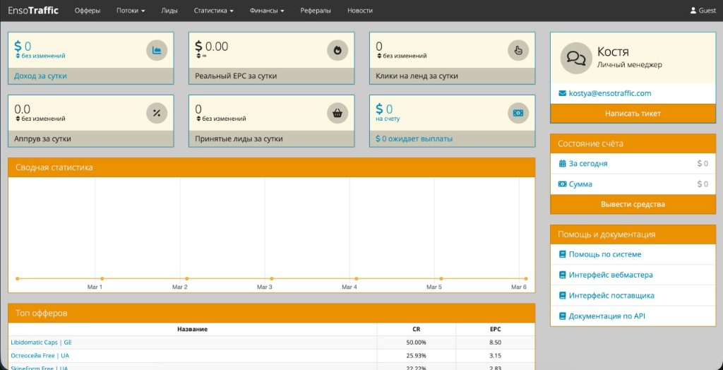 Интерфейс личного кабинета Enso Traffic: обзор статистики доходов, EPC и контакты менеджера.