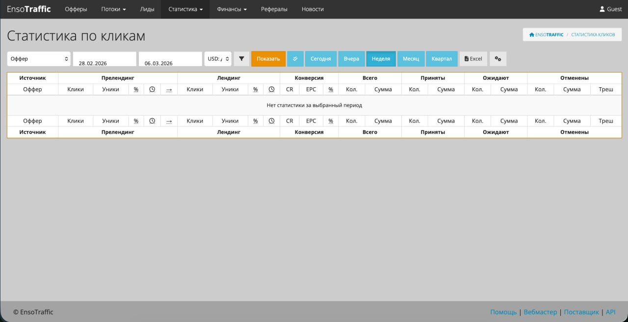 Детальная таблица статистики кликов, конверсий и качества лидов в партнерке Enso Traffic.