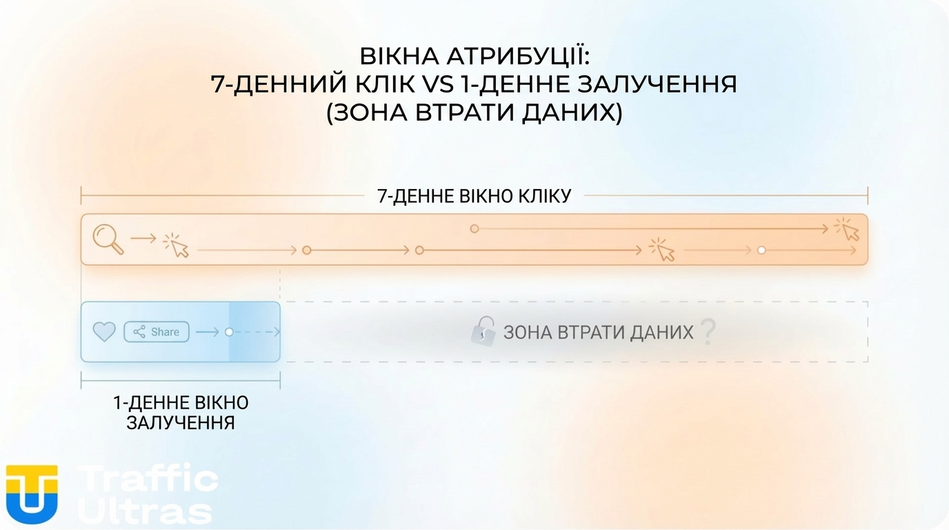 Схема порівняння вікон атрибуції Meta: 7 днів Click-Through vs 1 день Engage-Through (втрата даних).