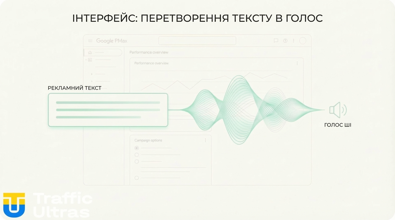 Схема перетворення тексту оголошення Google Ads в AI-озвучення в Performance Max.