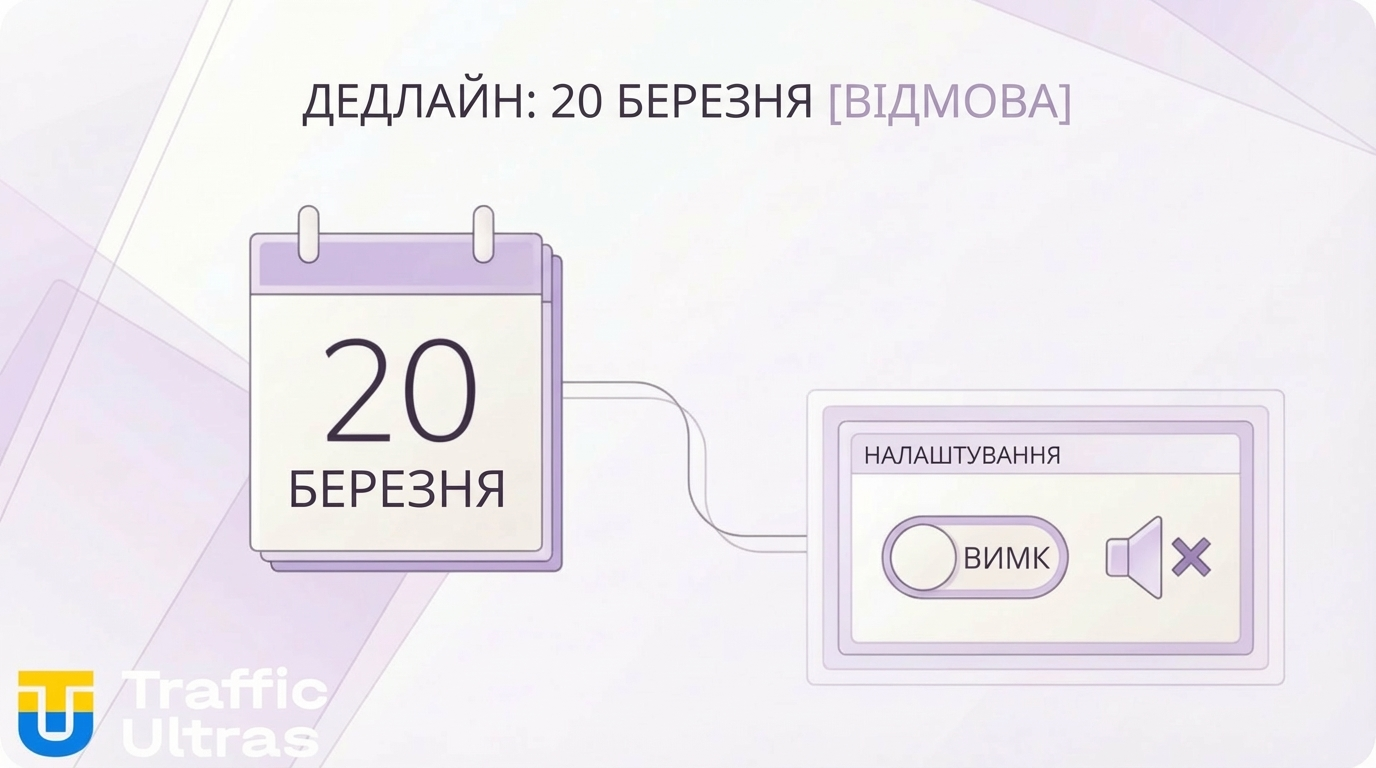 Панель налаштувань Google Ads із кнопкою вимкнення автоматичного AI-озвучення в Performance Max. Дедлайн 20 березня.