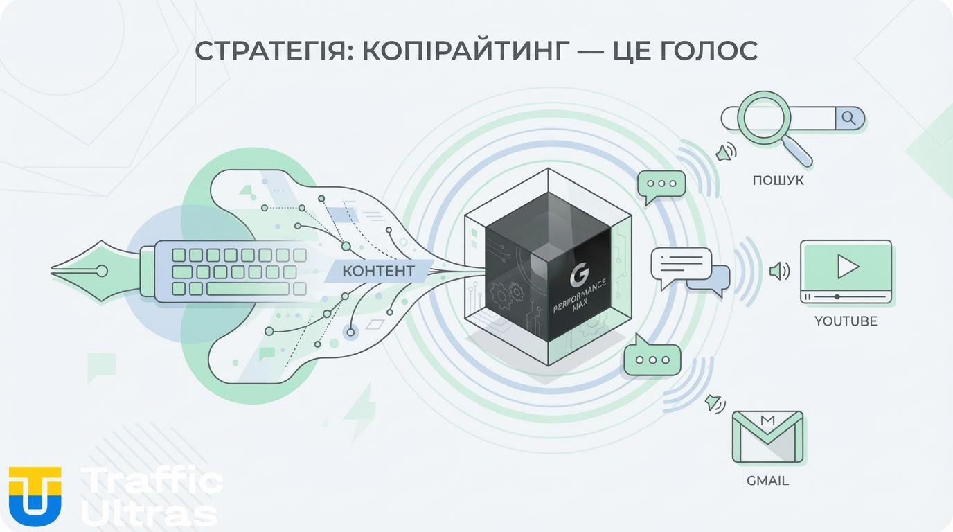 Інфографіка Traffic Ultras: Текст оголошення як основа для відеокреативів Google Performance Max.