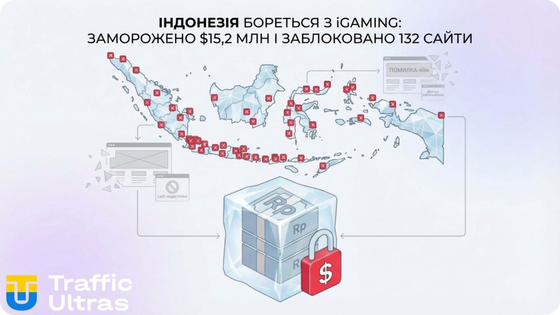 Інфографіка Traffic Ultras: блокування 132 гральних сайтів та заморозка $15 млн в Індонезії.