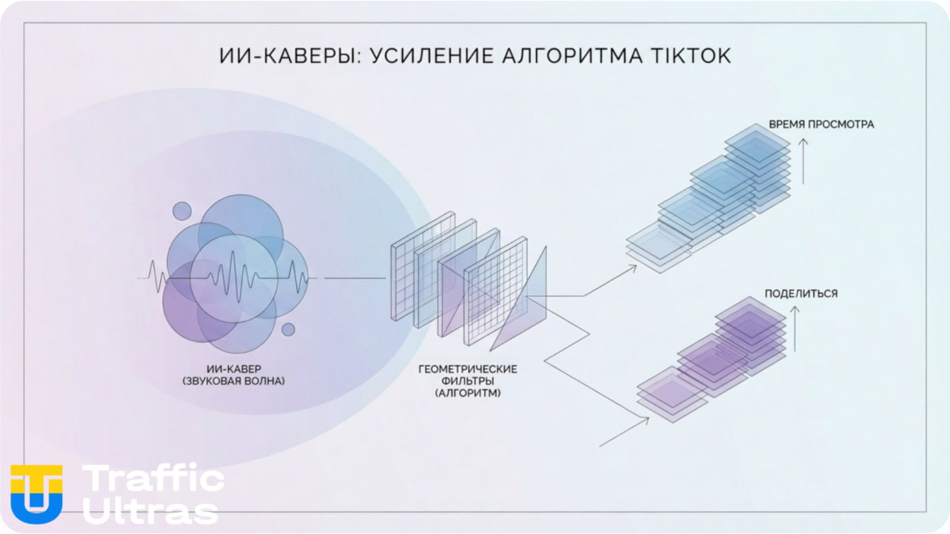 Инфографика Traffic Ultras: алгоритмы TikTok и метрики AI-каверов.