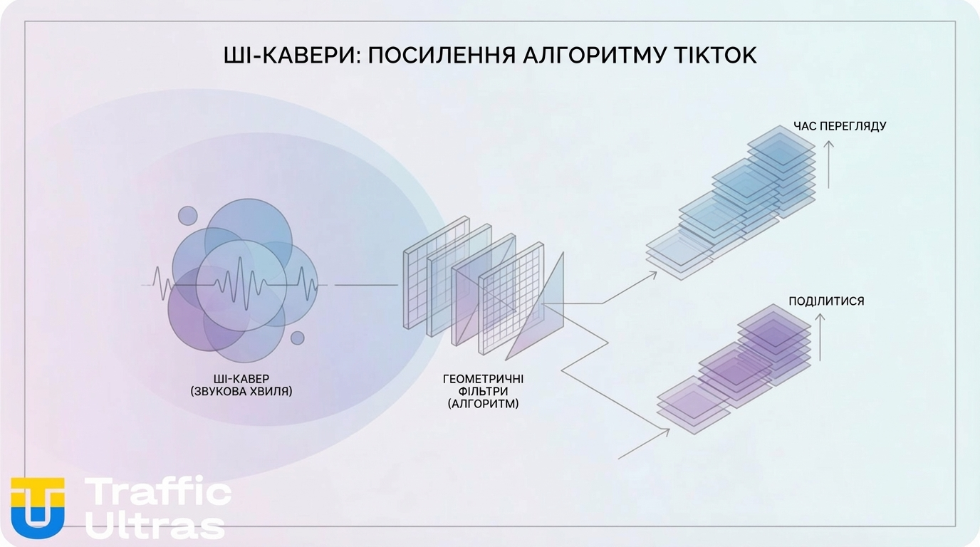 Інфографіка Traffic Ultras: алгоритми TikTok та метрики AI-каверів.