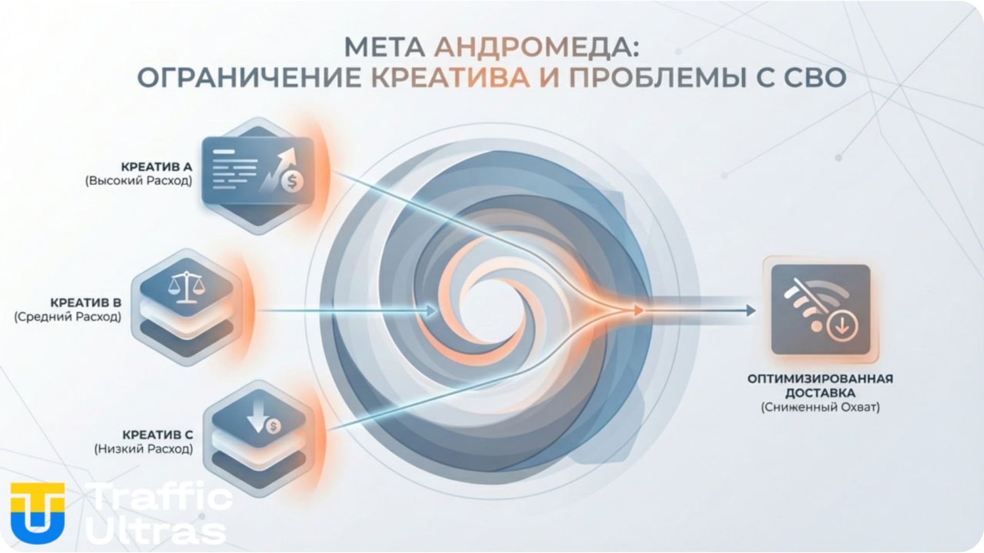 Инфографика Traffic Ultras: Фильтрация клонированных креативов алгоритмом Meta Andromeda.