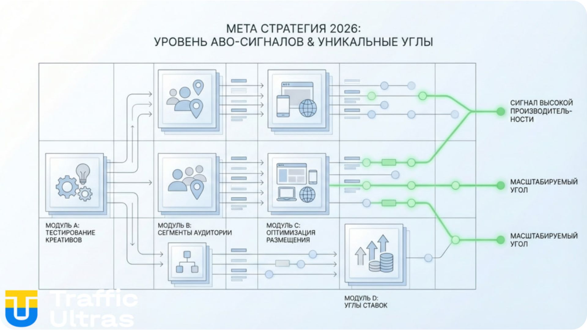 Схема Traffic Ultras: Структура ABO Signal Layer с уникальными углами теста в Facebook Ads.