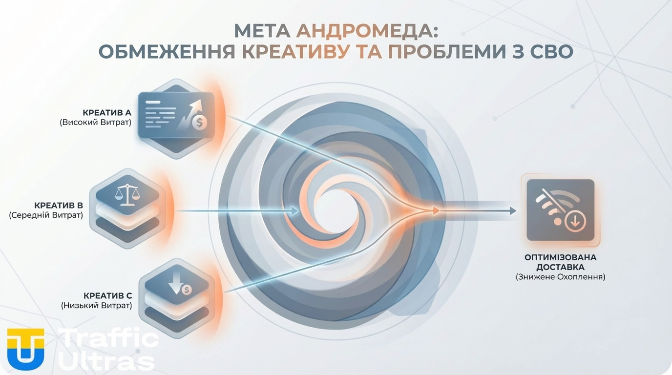  Інфографіка Traffic Ultras: Фільтрація клонованих креативів алгоритмом Meta Andromeda.