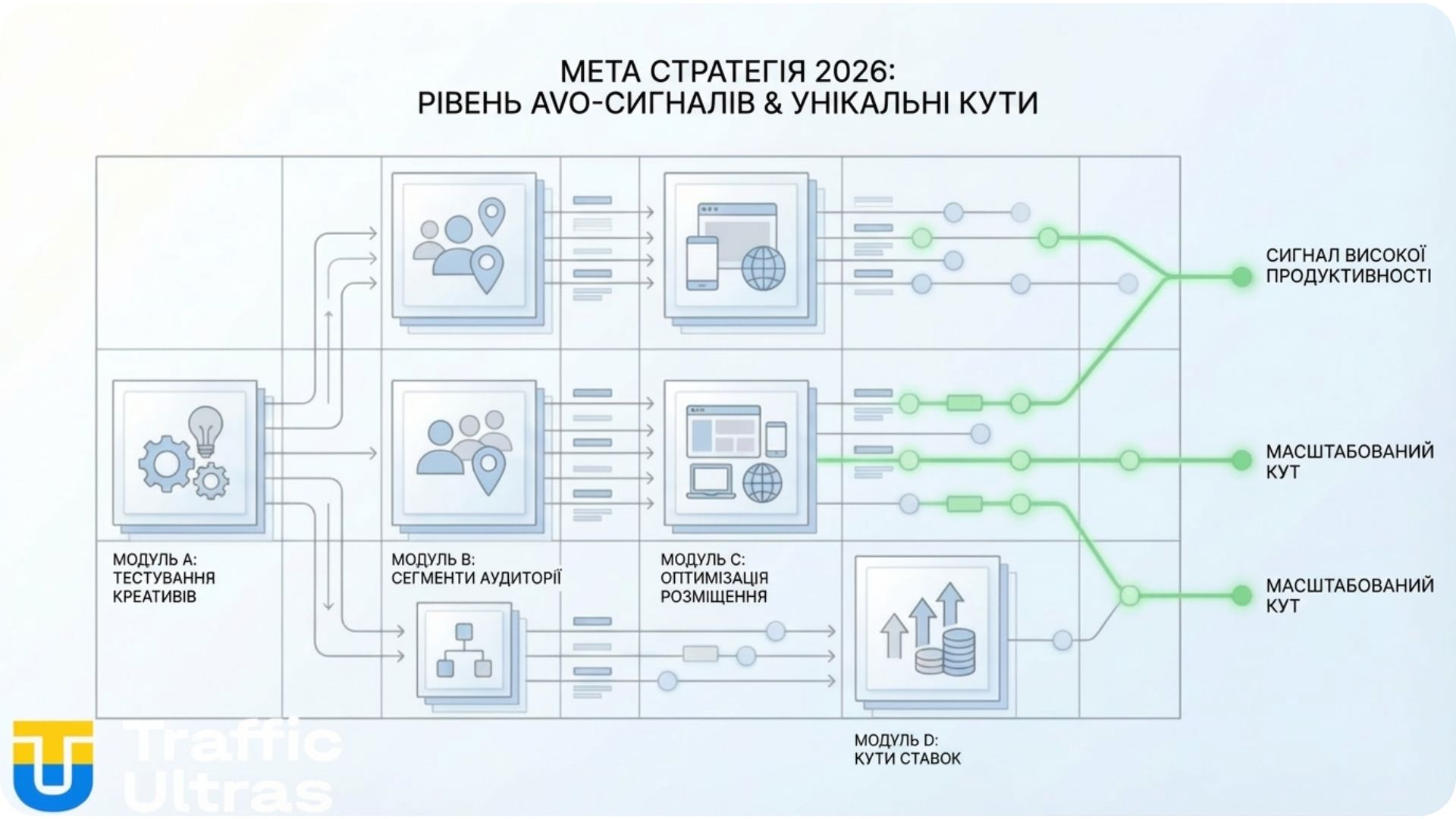 Схема Traffic Ultras: Структура ABO Signal Layer з унікальними кутами тесту в Facebook Ads.