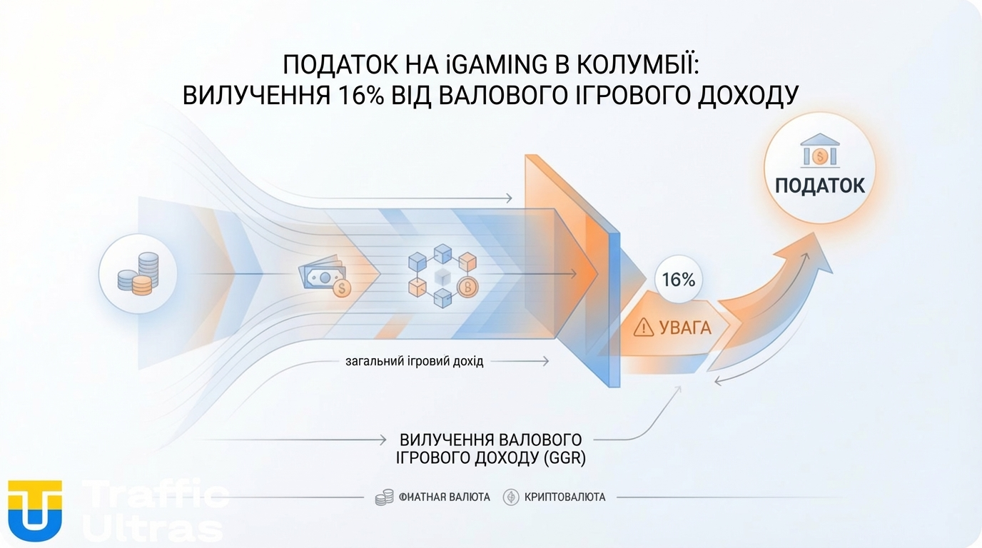  Інфографіка Traffic Ultras: Схема вилучення податку 16% з депозитів у колумбійському iGaming.