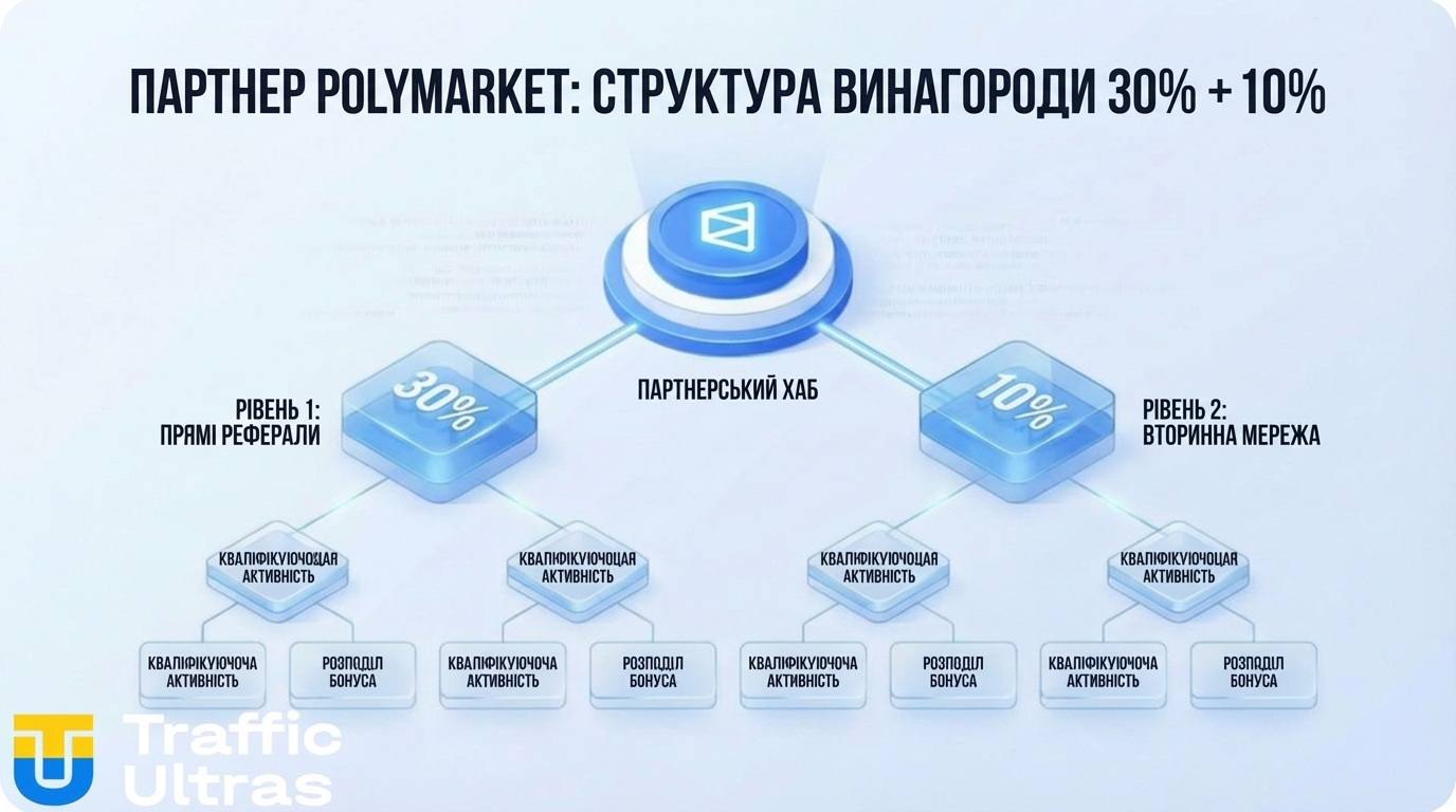 Схема дворівневої реферальної програми Polymarket 2026 року.