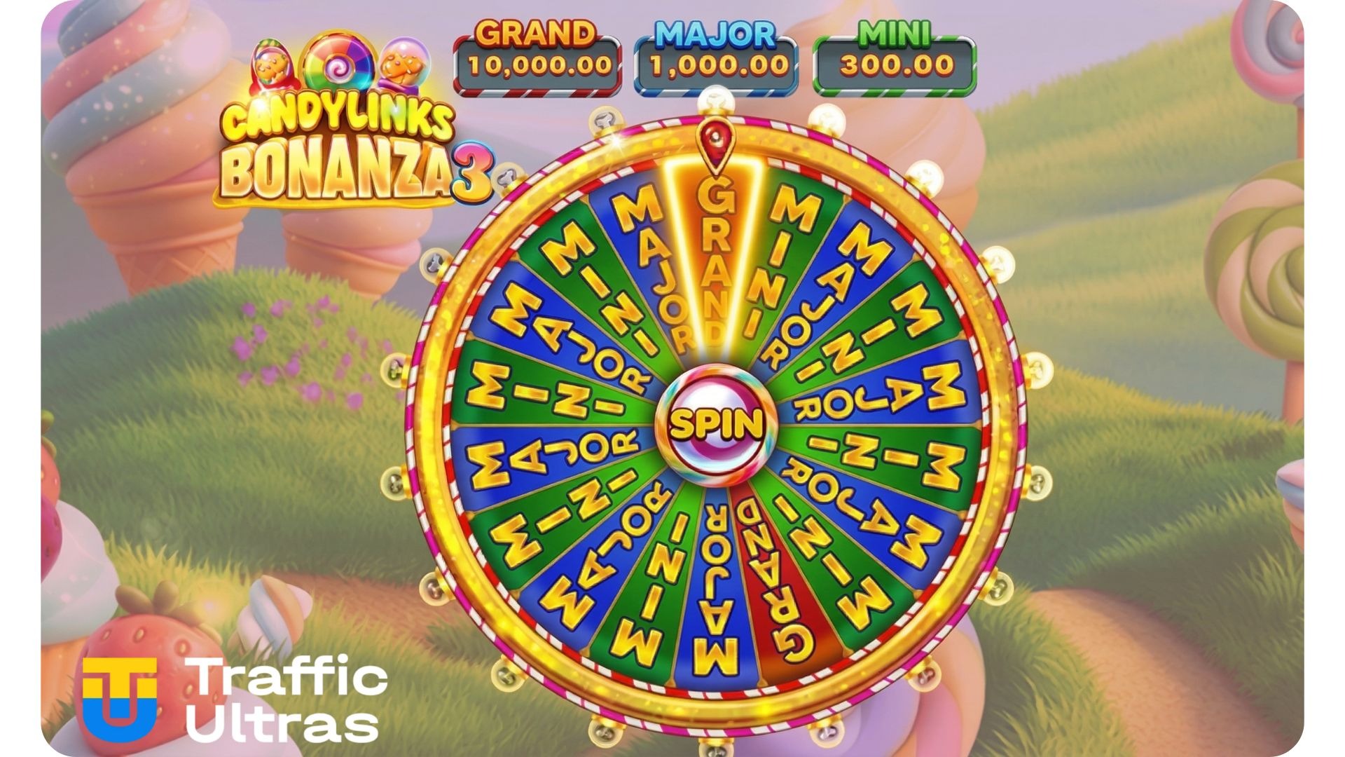 Бонусная игра «Колесо Фортуны» в слоте Candy Links Bonanza 3 от Stakelogic с розыгрышем четырех уровней джекпотов.