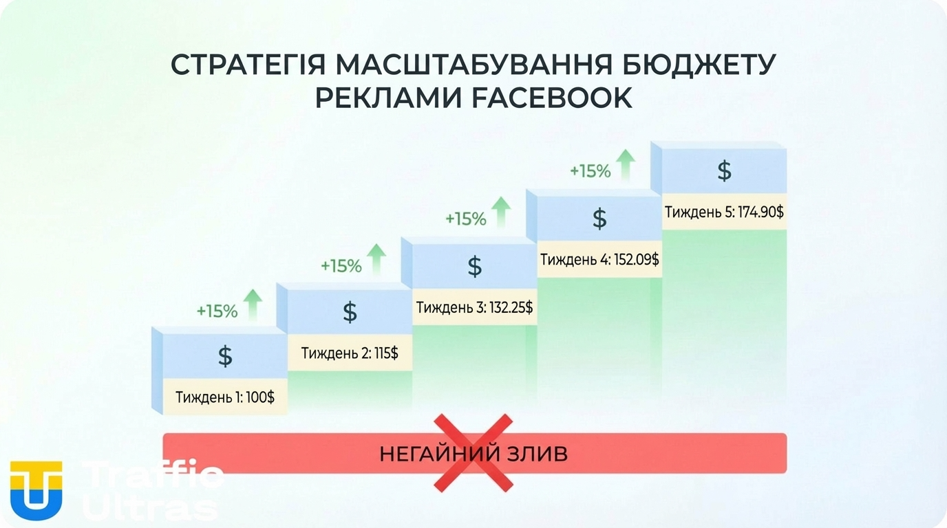 Схема поетапного масштабування бюджету у Facebook Ads.