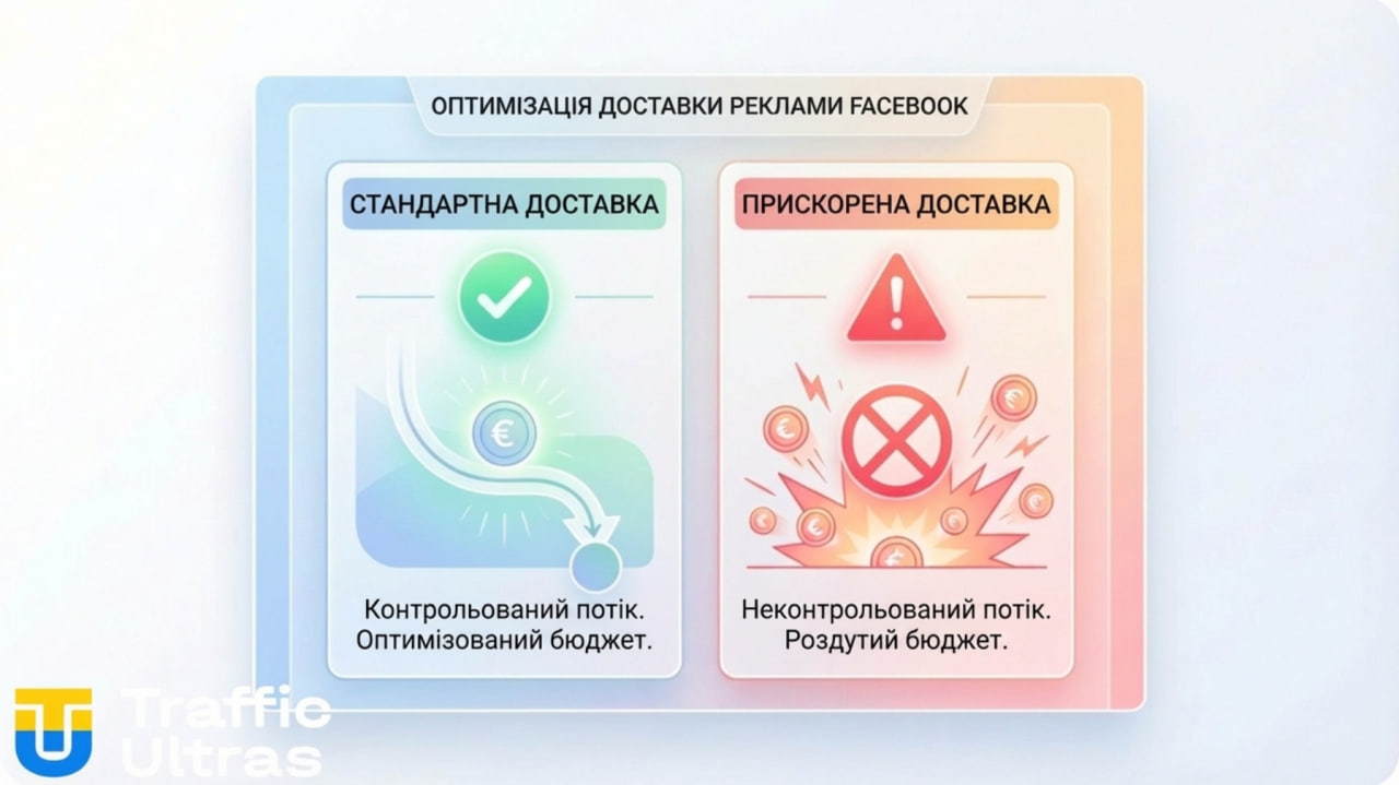 Порівняння стандартної та прискореної доставки в налаштуваннях Facebook Ads.