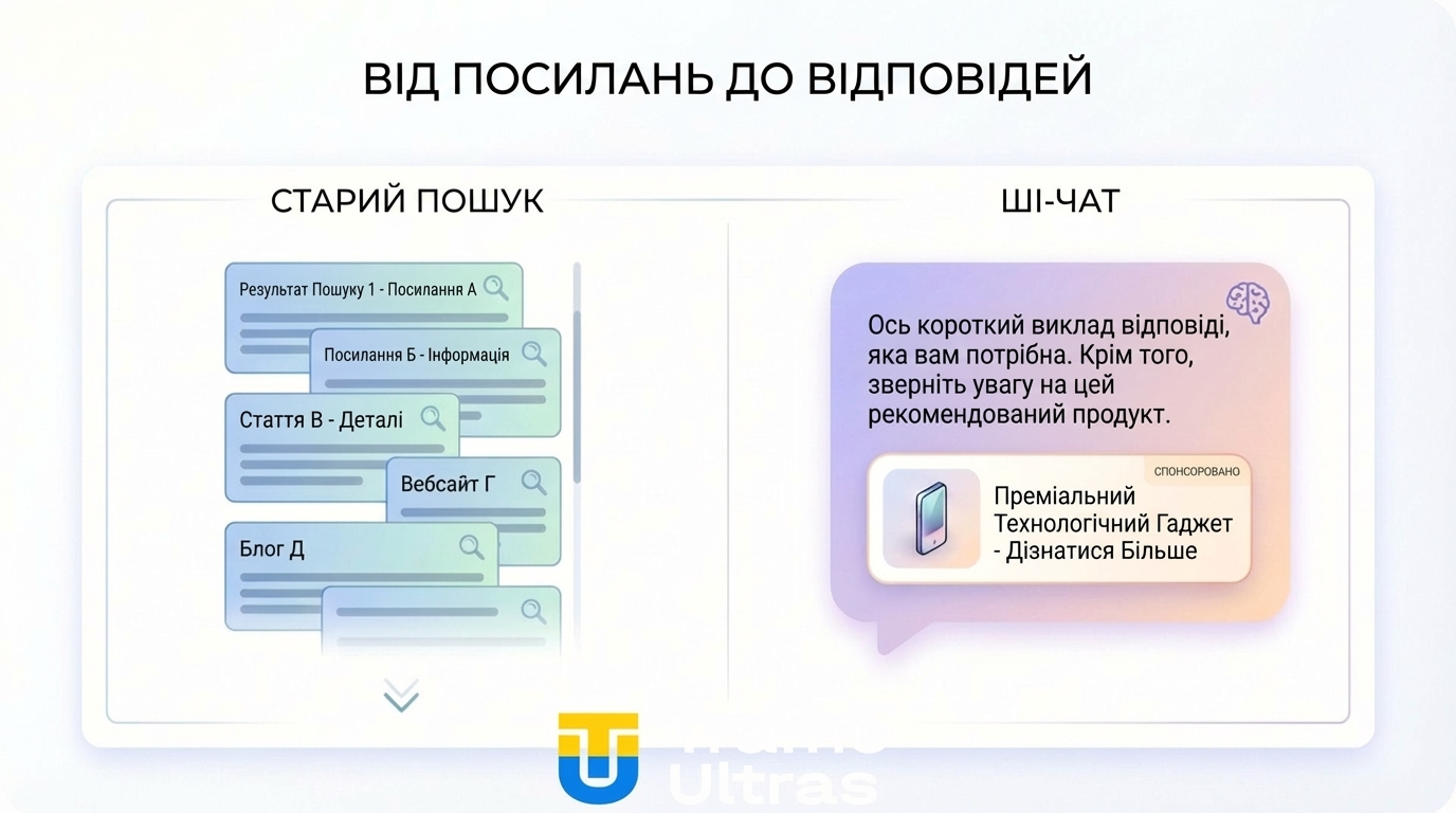 Порівняння класичного пошуку та AI Overviews з рекламою.