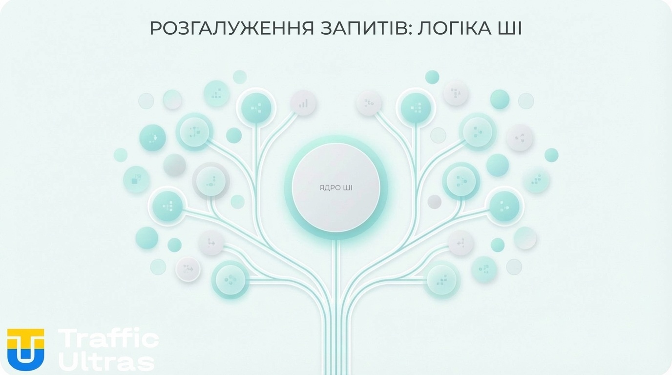 Візуалізація алгоритму Query Fan-Out: розгалуження пошукових запитів.